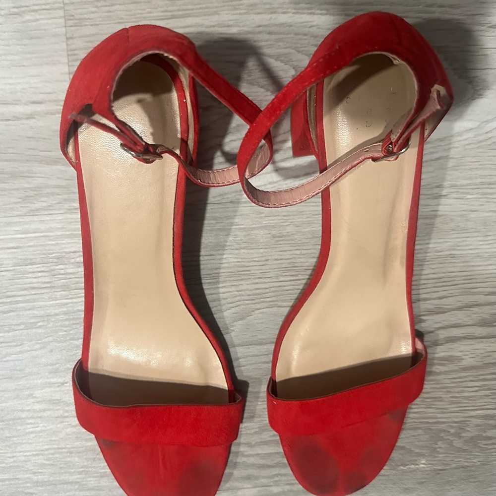 10 Red Women's Ankle Strap Fabric Sandals with Block Heel